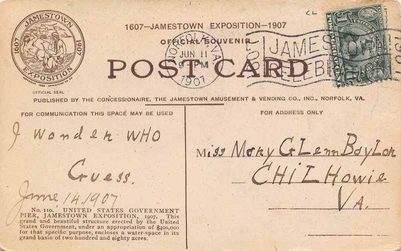 United States Government Pier Jamestown Exposition 1907 Virginia postcard