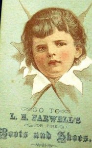 L. E Farwell's Boots & Shoes, Child's Head Through Paper Victorian Trade Card A1