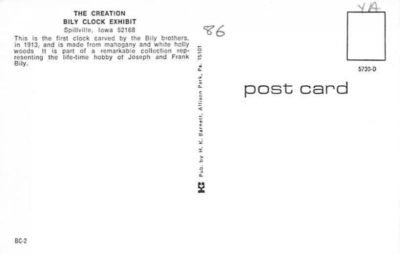 The Creation Bily Clock Exhibit Spillville, Iowa USA View Postcard Backing 