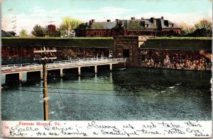 VINTAGE POSTCARD VIEW FORTRESS MONROE VIRGINIA 1907 {rare rear triple cancels}