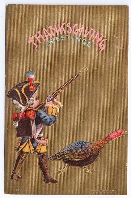 Boy Colonial Soldier Vintage Sander Thanksgiving Postcard Turkey Embossed Gold