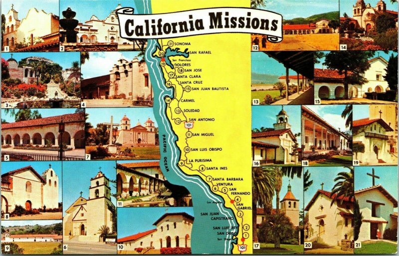 California Missions Map Multi View Historic El Camino Real VTG Postcard UNP 