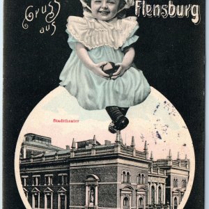 1906 Flensburg Germany Greetings Adorable Cute Girl Theatre Postcard Brauns A170