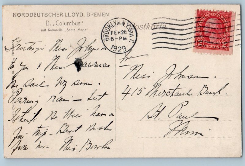 Germany Postcard North German Lloyd Bremen D Columbus 1929 RPPC Photo