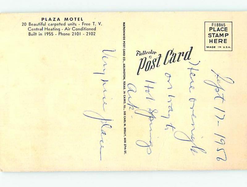 Linen CARD WRITER IDENTIFIED CITY FOR PLAZA MOTEL Hot Springs Arkansas AR M6378