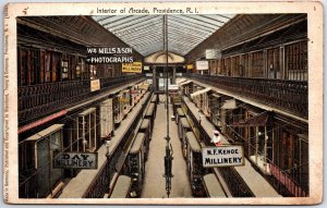 VINTAGE POSTCARD INTERIOR OF THE ARCADE AT PROVIDENCE RHODE ISLAND SIGNAGE 1905