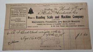 1902 Reading Scale & Machine Company Boiler Maker Reading Pa Invoice Letterhead