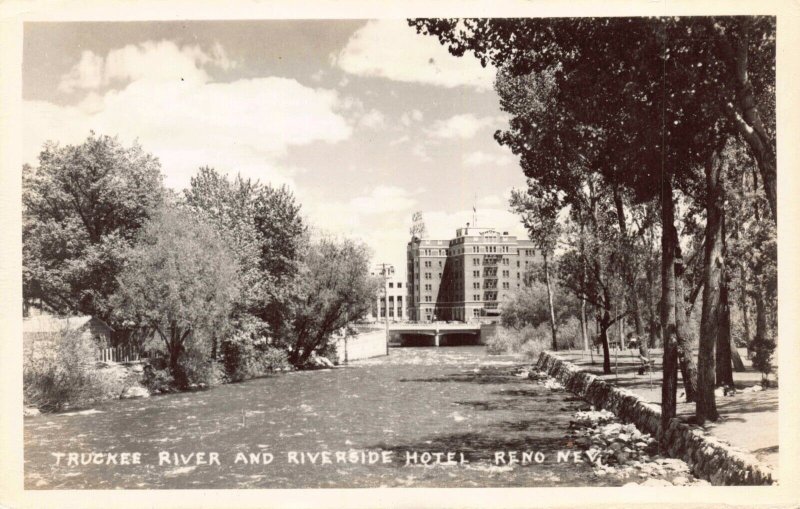 Real Photo Postcard Truckee River and Riverside Hotel in Reno, Nevada~124444