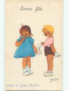 foreign Old Postcard signed FRENCH GIRL GETS GIFT FROM BOY AC2780
