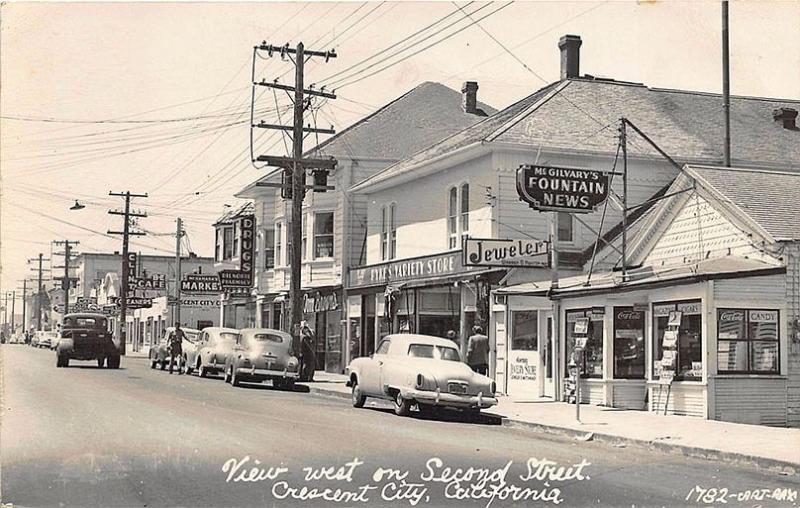 Crescent City CA Store Fronts Pykes Variety Store Mrs Gilvary's News RP Postcard