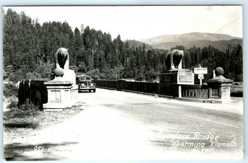 1930s Klamath River California Douglass Bridge Postcard RPPC Hwy 101 Ford Car A9