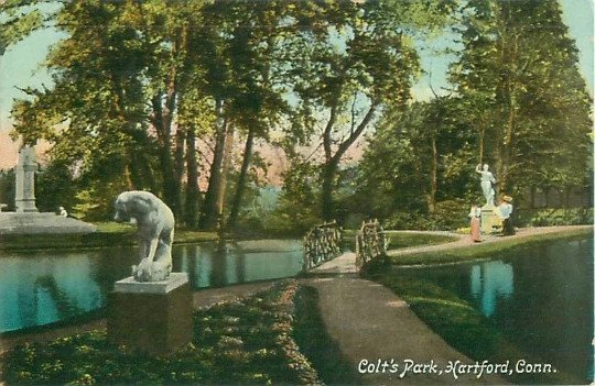 Hartford, Connecticut Colt Park, Statues, Water, Bridge  1910 Postcard  Postally
