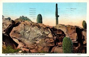 Arizona Hieroglyphic Rock and catus In The Desert 1935 Curteich