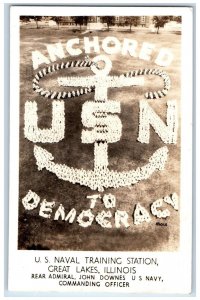 1942 Anchored USN Democracy US Naval Training Station Posted RPPC Photo Postcard