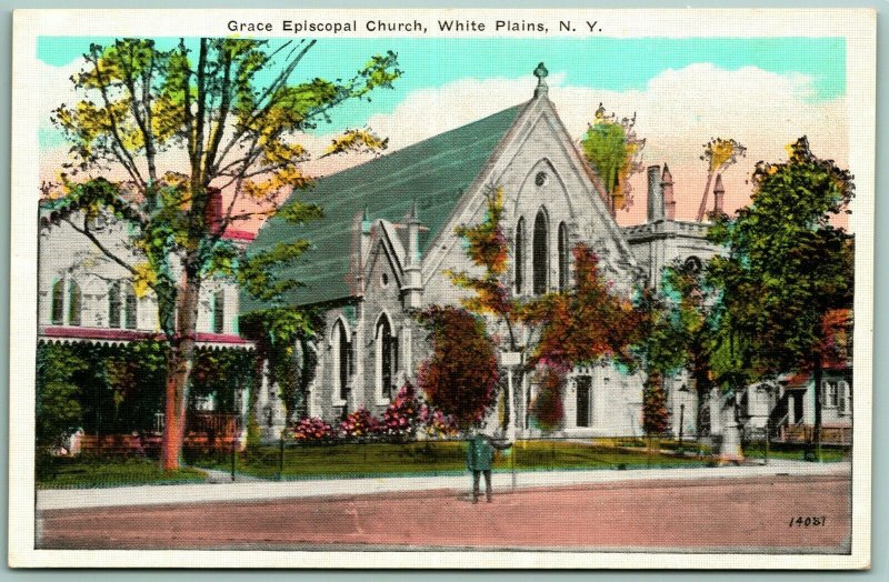 Grace Episcopal Church White Plains New York NY UNP Linen Postcard H7