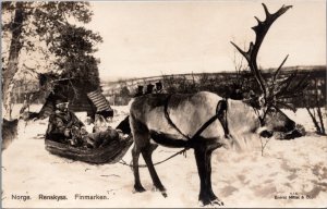 Norway Norge Ren Skyss Finnmarken Reindeer Vintage RPPC C092