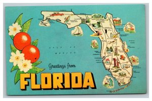 Vintage 1960's Postcard Greetings From Florida - Oranges Blossoms Giant Map