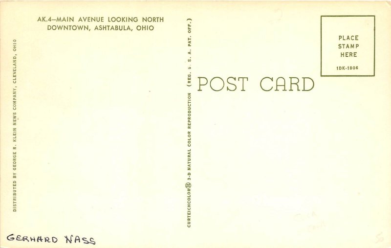 Ashtabula Ohio 1950s Postcard Main AvenueStores Hotel Ashtabula