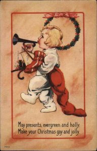 Christmas Little Boy with Stocking Toy Bugle c1910 Vintage Postcard