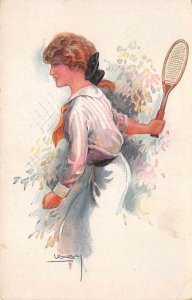 Lot168 usabal artist signed postcard woman playing tennis germany 2