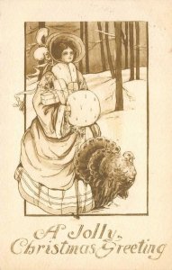 A Jolly Christmas Greeting Woman & Turkey 1910 Vintage Art Postcard