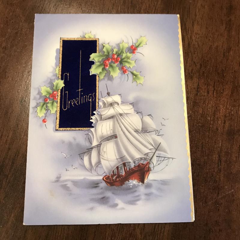 Beautiful Vintage Christmas Card - Sailing Ship With Velvet Greeting, Gold Edge