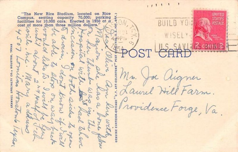 Houston Texas The New Rice Stadium Color Linen Card Vintage Postcard