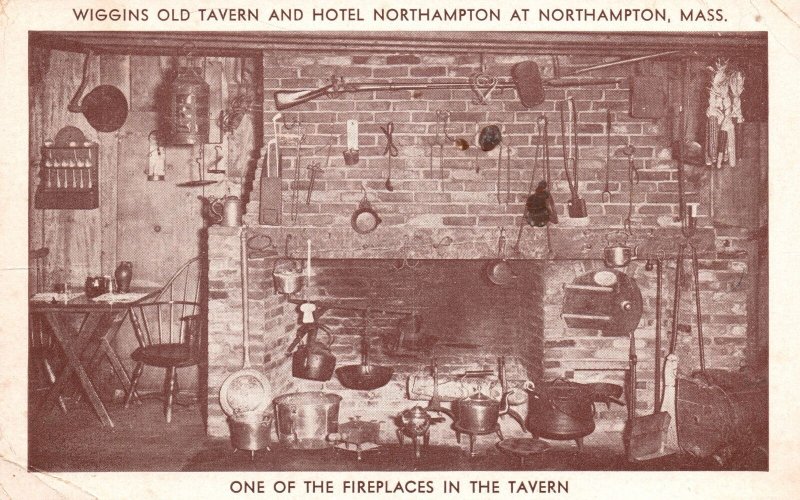 Vintage Postcard Wiggins Old Tavern Hotel Northampton Fireplace Massachusetts MA