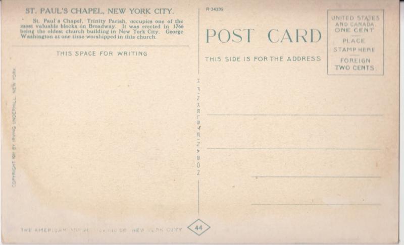 St. Paul's Chapel, New York City, unused Postcard