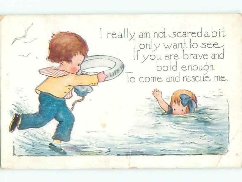 Pre-Linen comic BOY SAVES DROWNING GIRL k3632