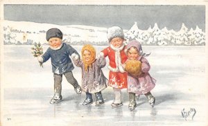 H32/ K. Feiertag Artist Signed Postcard c1910 Ice Skating Kids Snow Lake 4