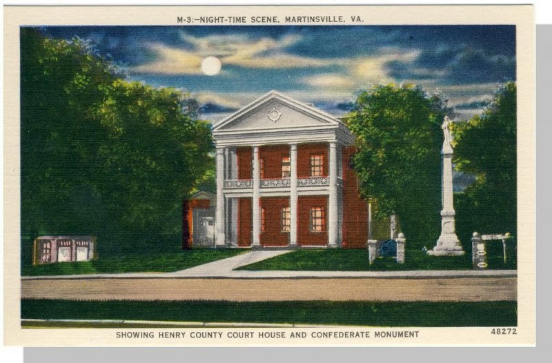 Nice Martinsville, Virginia/VA Postcard,Court House/Monument