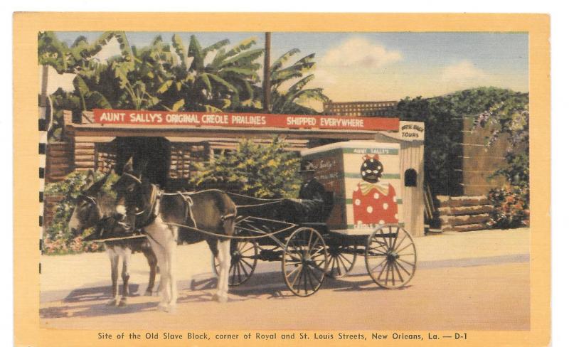 LA New Orleans Old Slave Block Aunt Sallys Creole Pralines Horse Cart Postcard