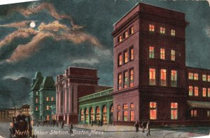 Vintage Postcard 1911 North Union Station Building at Night Boston Massachusetts