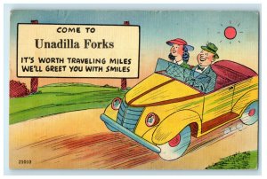 1948 Come to Unadilla Forks, Vintage Car, Couple, Cartoon Print Postcard 