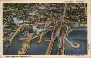 Pensacola Florida FL Aerial View Navy Planes Linen Vintage Postcard