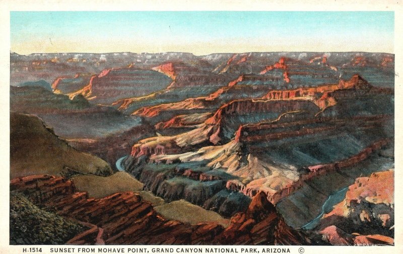 Vintage Postcard 1920's Sunset Mohave Point Grand Canyon National Park Arizona