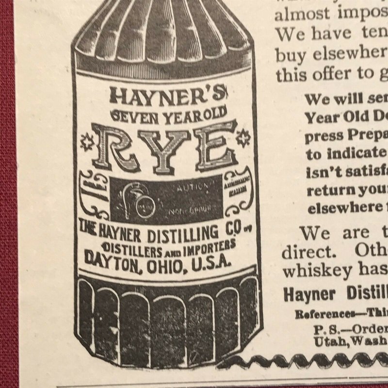 Victorian 1899 Print Ad Hayner's Seven Year Old Rye Hayner Distilling Co. 2V1-29 