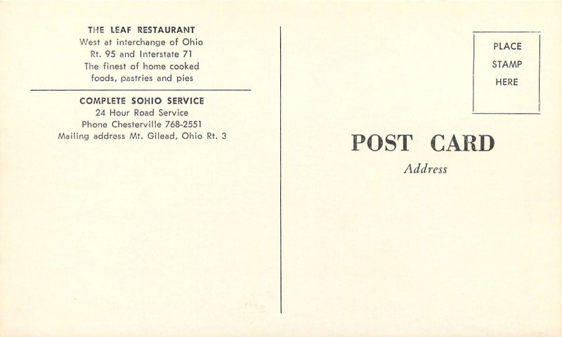 Mid-Century Modern Advertising Postcard; The Leaf Restaurant, Mt. Gilead OH
