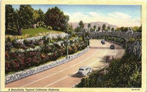 1940s CALIFORNIA HIGHWAY PALM FLORAL ROCK LINED BEAUTIFUL LINEN POSTCARD 42-252