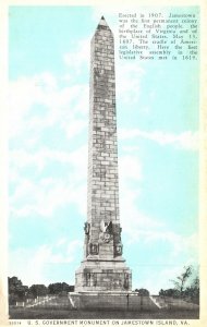 Vintage Postcard 1920's US Government Monument On Jamestown Island Virginia VA