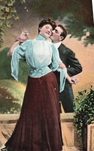 Vintage Postcard 1910's Gentleman Kissing Face Beautiful Woman From Behind Art