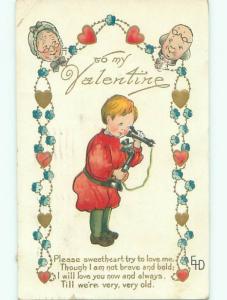 Pre-Linen Valentine signed BOY USING ANTIQUE CANDLESTICK TELEPHONE AB2927