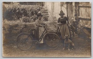 RPPC Two Women In Aprons With Bicycles And Darling Dog c1907 Postcard N30