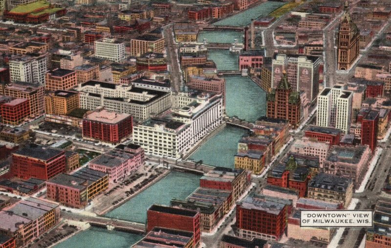 Vintage Postcard 1939 The Milwaukee River Bank And Office Buildings Milwaukee WI
