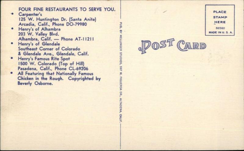 Arcadia CA Carpenter's Dining Room Chicken in the Rough LINEN Postcard