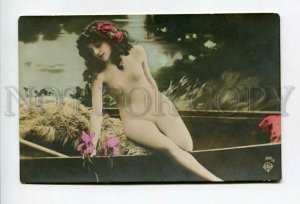 3156292 NUDE Nymph Woman in Boat w/ IRIS ROSES Vintage PHOTO