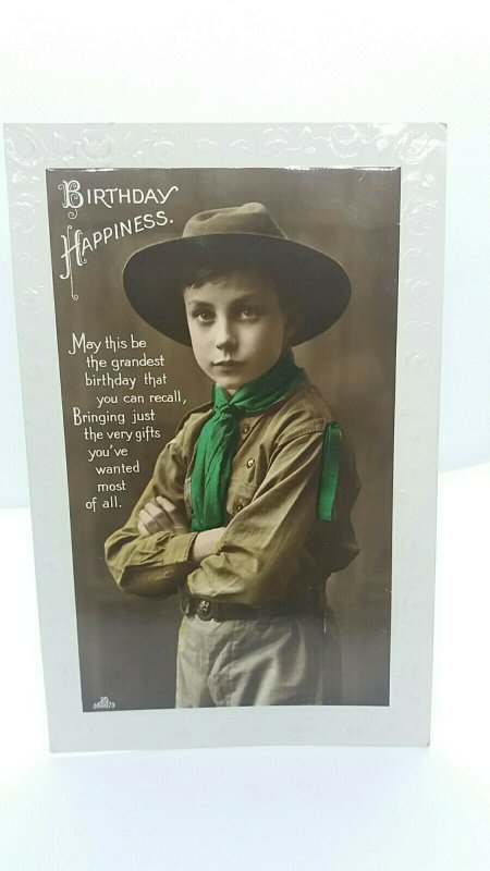 Antique Rp Postcard Young Boy Scout Birthday Greetings Real Photo Rppc c1910