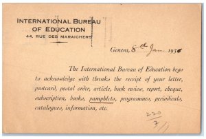 1936 International Bureau of Education Rue Des Maraichers Geneva Switz. Postcard