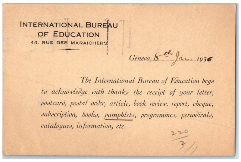 1936 International Bureau of Education Rue Des Maraichers Geneva Switz. Postcard